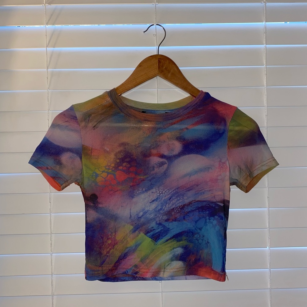 Colorful acid washed mesh material crop top